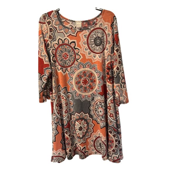 Boho-Chic 3/4 Sleeve Tunic Top By Hershe Sz L L Soft Mandala Print Orange & Gray - Picture 2 of 11